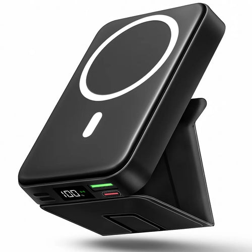 10000Mah Magnetic Power Bank Wireless Portable Charger with USB-C Cable LED Display Foldable Battery Pack for Iphone17/ 16/15/14/13/12/Pro/Pro Max Series Charging Compact Silicone Black