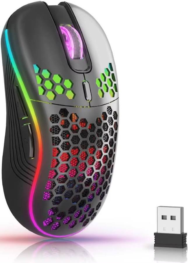 2.4G Wireless Mouse with RGB Backlit 6-Button 3-Speed DPI Type C Rechargeable Ergonomic Honeycomb Design Gaming Mouse